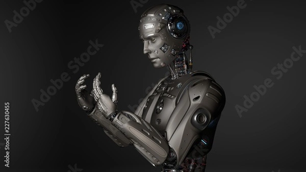 Fototapeta 3D Render Futuristic Robot man looking at his hands