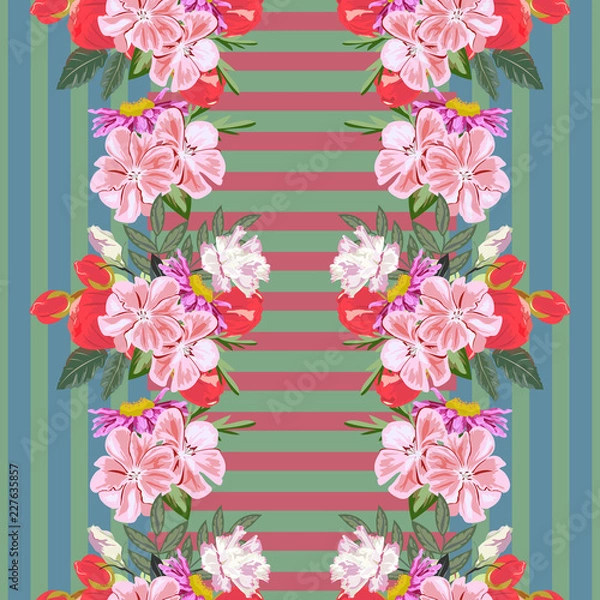Obraz Seamless pattern with beautiful pink and red flowers on striped background. Flower background for textile, cover, wallpaper, gift packaging, printing.Romantic design for calico, silk.