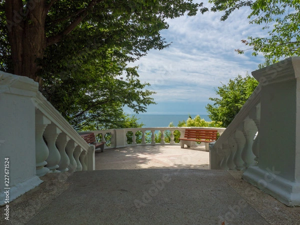 Fototapeta Observation deck with stairs and sea views located in the forest