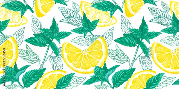 Fototapeta Lemon and mint  seamless pattern. Ink sketch lemons, ginger, mint. Citrus fruit background. Elements for menu, greeting cards, wrapping paper, cosmetics packaging, posters etc
