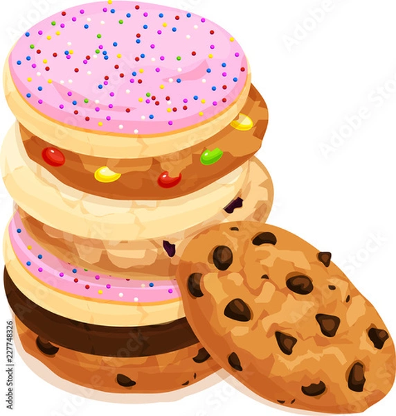 Obraz Stos różnych mieszanych plików cookie. Kawałki czekolady, cukier, mrożone i matowe, krówki. Ilustracja na białym tle wektor.