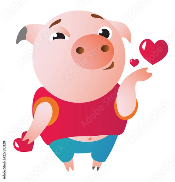 Fototapeta Cute cartoon pig sending air kiss with read hearts. Vector illustration. Symbol of the new year 2019 Isolated on transparent background. Excellent for the design of postcards, posters, stickers etc.  