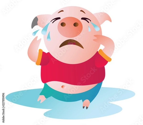 Fototapeta Cartoon Pig sits in a pool of tears and cries. Vector illustration. Symbol of the new year 2019. Isolated on transparent background. Excellent for the design of postcards, posters, stickers etc.  