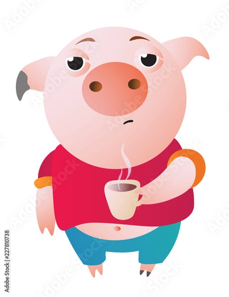 Fototapeta Very sleepy pig with a cup of hot coffee.  Vector illustration. Symbol of the new year 2019 Isolated on transparent background. Excellent for the design of postcards, posters, stickers etc.  