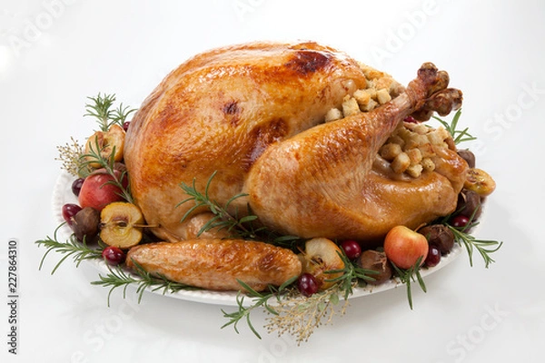 Obraz Roasted Turkey with Grab Apples over white