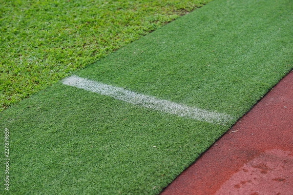 Obraz Artificial track and field with green grass combined with artificial grass