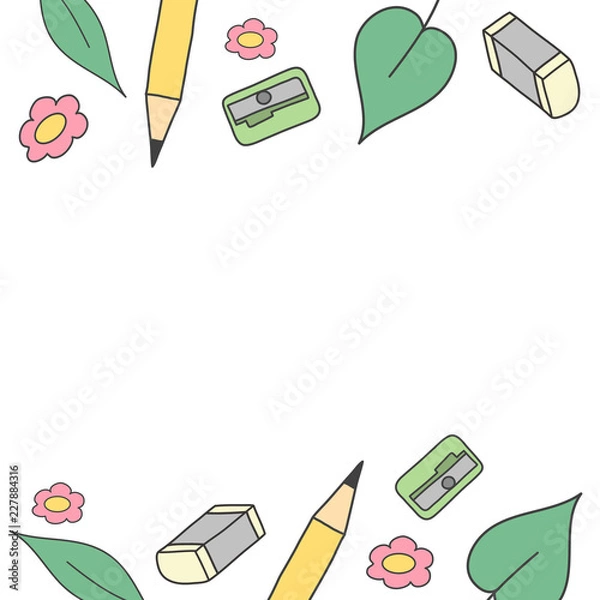 Obraz Back to school concept. Pencil, eraser and sharpener. Cute hand drawn illustration vector. 
