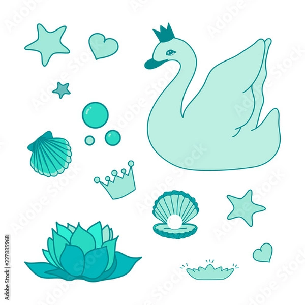 Obraz Swan princess. Cute illustration of beautiful swan with water lily, sea shell, pearl, hearts, stars and diadems. Hand drawn illustration vector.