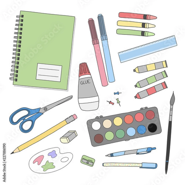 Obraz Set of colorful school writing tools. Implements of fine art. Realistic hand drawn illustration vector.