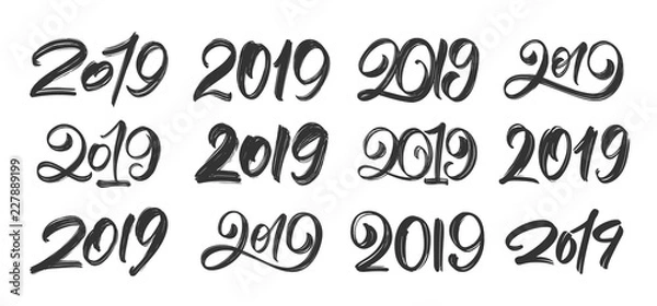 Fototapeta Vector illustration: Big Set of Handwritten brush type lettering of 2019. Happy New Year. Chines calligraphy.