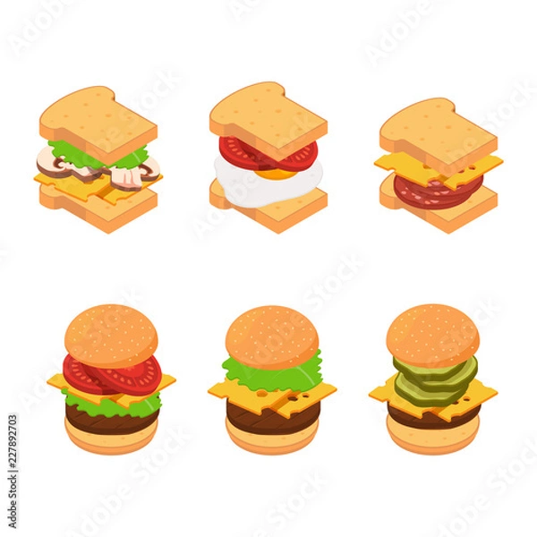 Fototapeta Vector isometric burger and sandwich types set illustration. Hamburger delicious with cucumber and ingredients