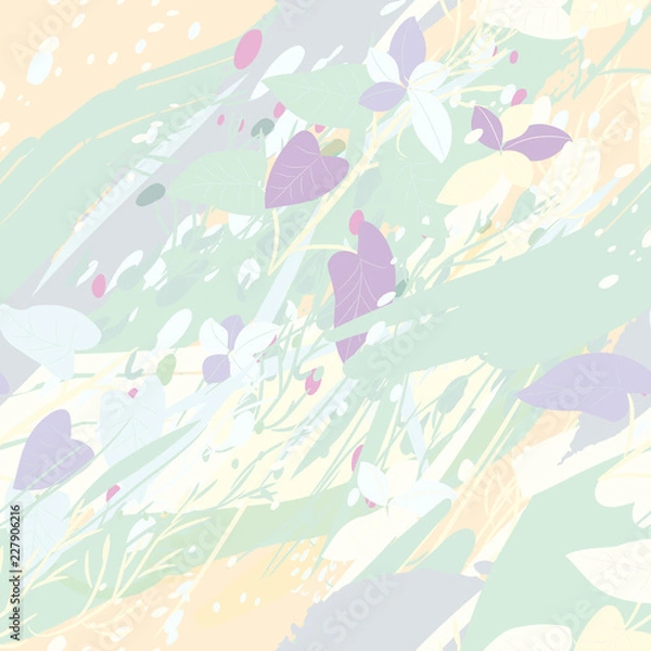 Fototapeta Military camouflage texture with trees, branches, grass and watercolor stains