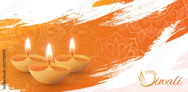 Obraz Happy Diwali poster with oil lamps and traditional pattern.