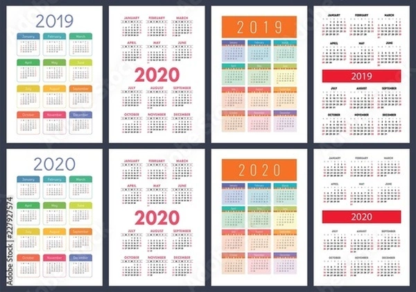 Fototapeta Calendar 2019, 2020 years. Basic vector set. Week starts on Sunday. Design template