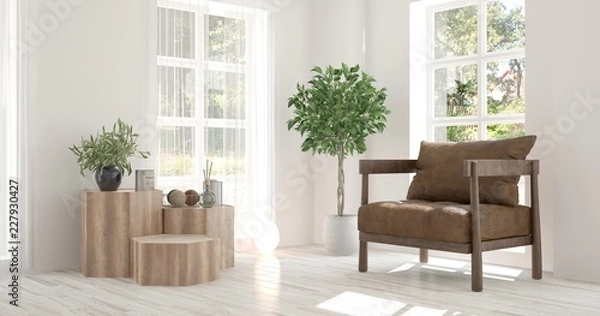 Fototapeta White room with armchair and green landscape in window. Scandinavian interior design. 3D illustration