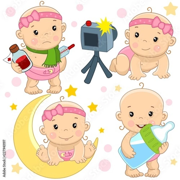 Fototapeta A set of illustrations of icons with a baby girl, sick with a thermometer and medicine medicine, a photo session is photographed, sits for a month, stands with food with a big bottle of milk.