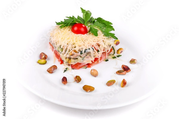 Obraz Salad of meat, cheese, cucumbers and tomatoes