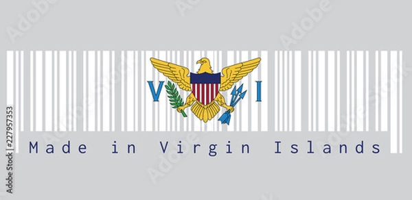 Fototapeta Barcode set the color of Virgin Islands flag, the coat of arms of the United States between the letters V and I. text: Made in Virgin Islands. concept of sale or business.