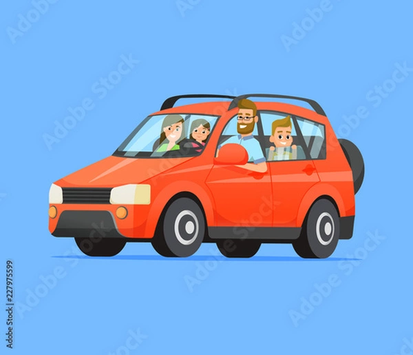 Fototapeta Family Road Trip. Happy family traveling by car. Father, mother, son and daughter. Family travel on a red car. Vector flat style illustration.