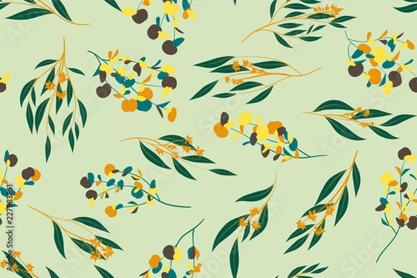 Fototapeta Bright Floral Seamless Pattern. Vector Eucalyptus Leaves and Beautiful Blossom Elements. Colorful Botanical Summer Background. Floral Seamless Pattern for Wedding Design, Print, Textile, Fabric, Paper