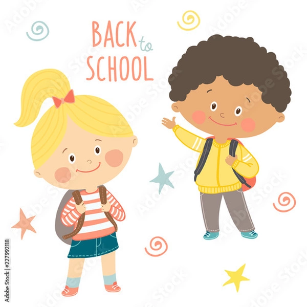 Obraz Funny hand drawn kids with backpacks. Cute boy and girl with schoolbags. Back to school card design.Cartoon vector eps 10 illustration on white background in flat style.