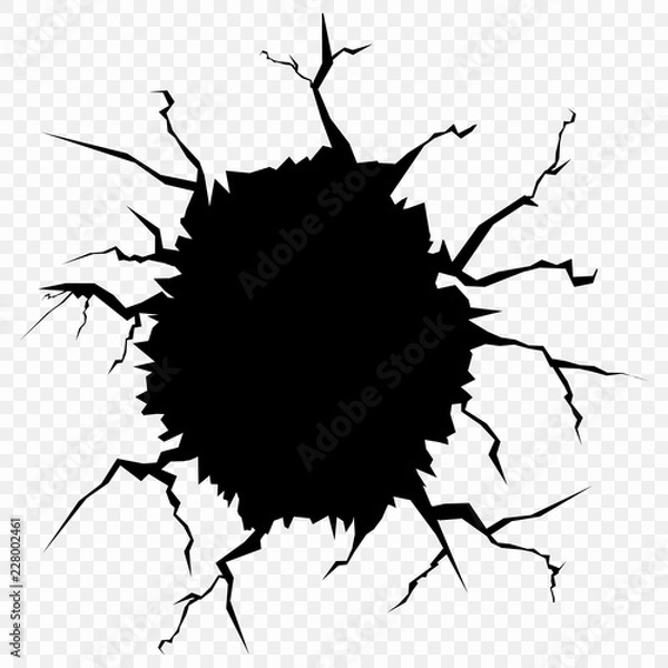 Fototapeta Vector illustration of a hole in the wall on an isolated transparent background. Cracking ground. Template for Content, advertising, banner, poster.