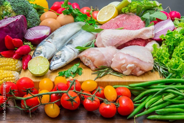 Obraz Mediterranean diet with fish,meat and vegetables
