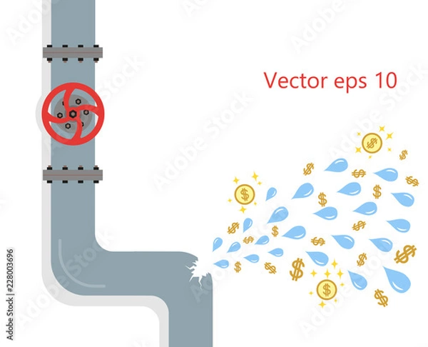 Obraz Leakage from the pipeline of water, liquid, damage. Gap, crash is a crack in the plumbing. Concept money is lost due to breakage. Vector flat style.