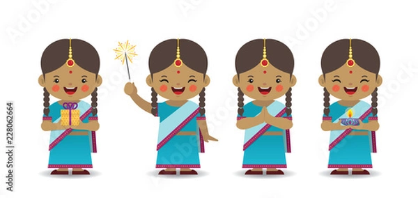 Fototapeta Set of cute cartoon indian girl in different pose isolated on white background. Diwali or Deepavali flat vector design.