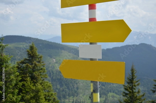 Fototapeta Empty signs with mountain scenery in the background