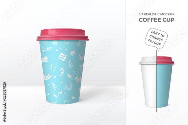 Obraz Vector 3D realistic mockup of coffee cup with pattern of christmas elements (seamless pattern completely under the mask). Isolated from the background. Easy to change colour.