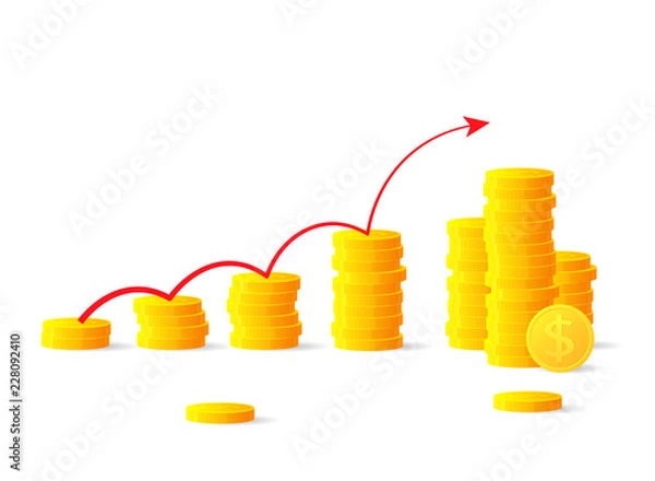 Fototapeta Graph from golden coins. Profit increase concept. Clipart image isolated on white background