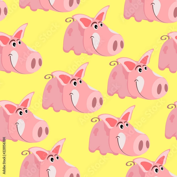 Fototapeta Seamless pattern with the image of a cartoon pink pig, the symbol of the Chinese New Year, on an isolated background. Vector illustration