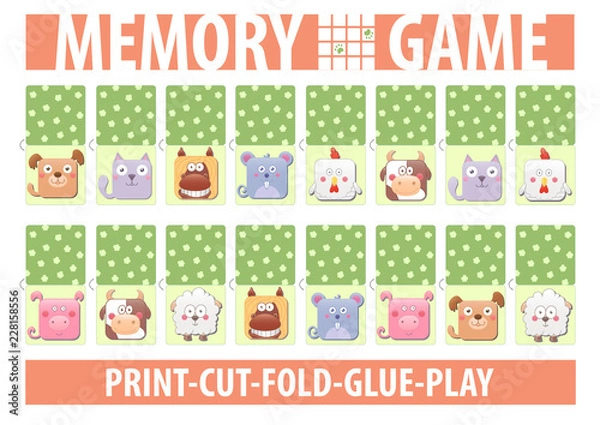 Fototapeta Memory card game with cartoon animals. Different domestic farm pets. Horizontal A4