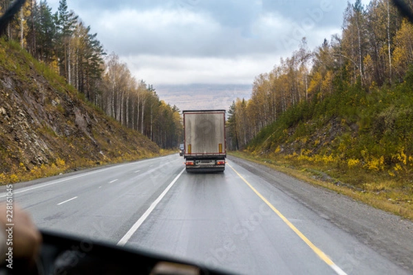 Fototapeta view of the highway from the cab