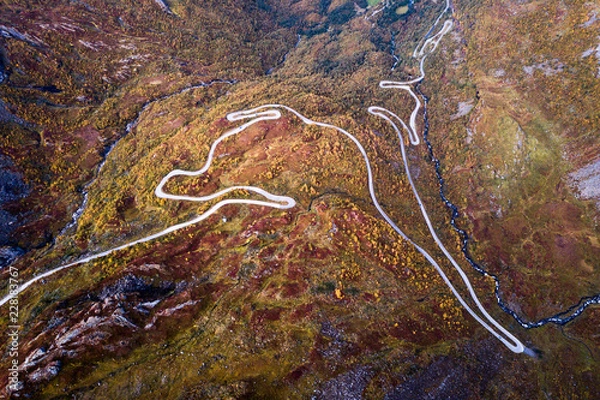 Obraz Aerial Drone Panorama view of Winding Road in Norway Scandinavia with Cars and Trees in Fall Autumn