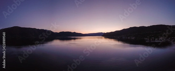 Obraz Aerial Drone Panorama of Sunset Reflection on Lake in Norway Scandinavia