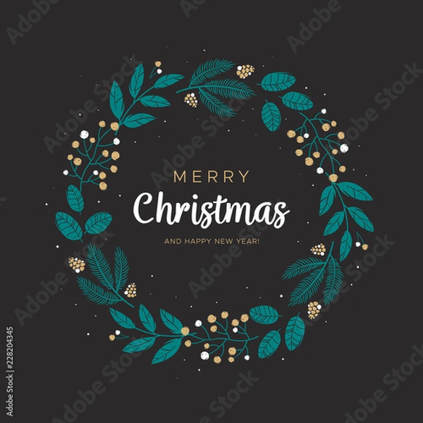 Fototapeta Christmas wreath of berries and pine branches on the black background. Unique design for your greeting cards, banners, flyers. Vector illustration in modern style.