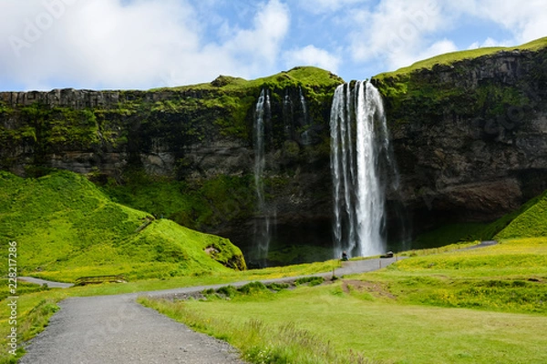 Fototapeta Seljalandsfoss waterfall, Iceland on a sunny summer day - uncrowded front view