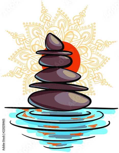 Fototapeta vector illustration of hand drawn cartooon sketch Balance stones on water at sunset with orange sun and mandala.