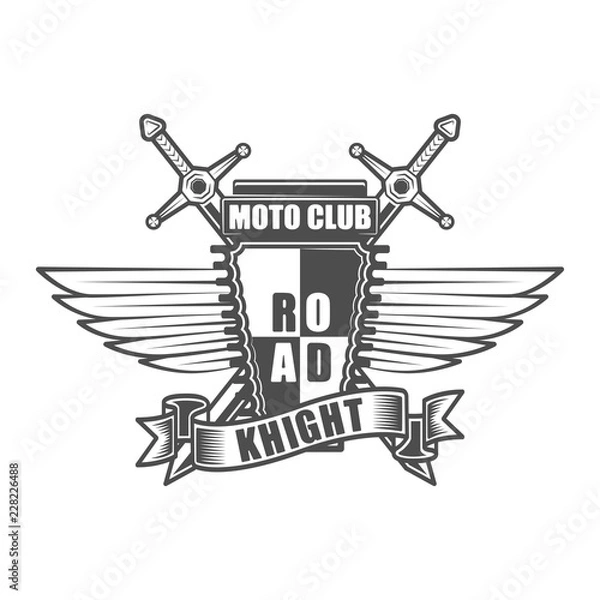 Fototapeta Vintage motorcycle club emblem with wings, knight swords and ribbon in monochrome style isolated vector illustration