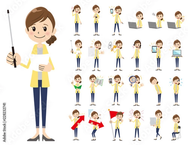 Fototapeta female charactor set. Presenting in various action.