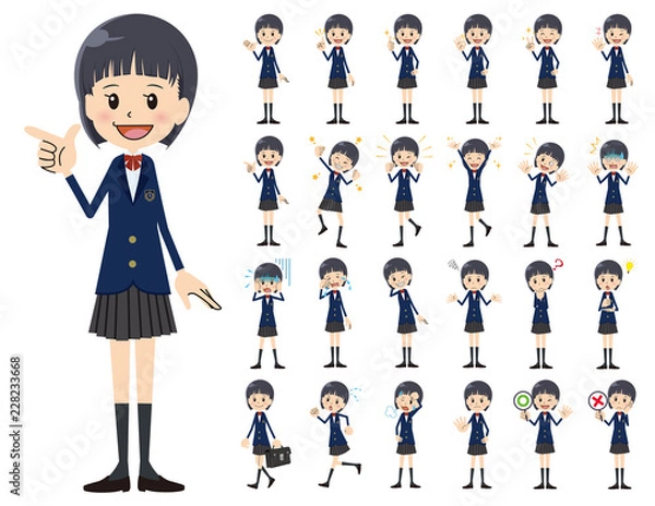 Fototapeta Schoolgirl charactor set. Various poses and emotions.