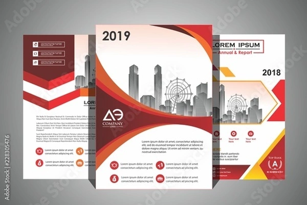 Fototapeta cover set of a modern business brochure layout or flyer template, poster, magazine, annual report, book, booklet with red circle and gray design. Size A4 with 3 color
