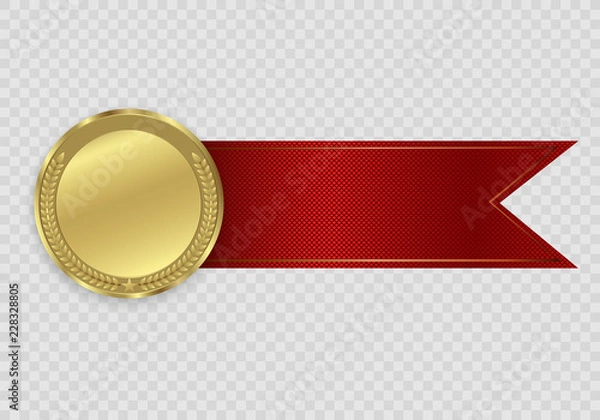 Fototapeta Mistrz medailów z czerwoną wstążką. Transparent. Konkurs z nagrodą dla zwycięzcy, medal z nagrodą i baner na tekst. Nagroda medali na przezroczystym tle. Ilustracja wektorowa koncepcji zwycięzcy.