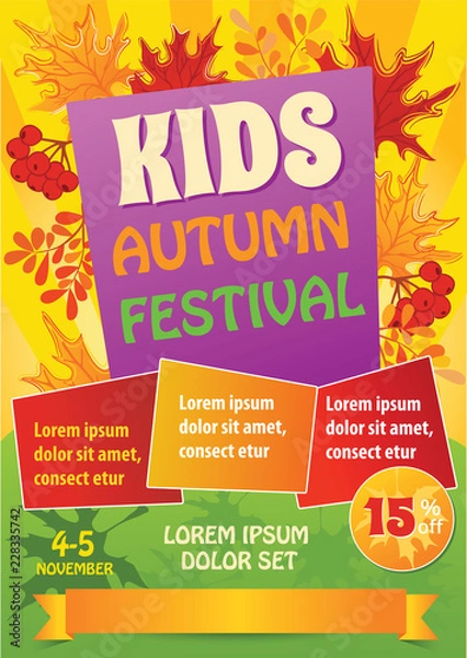 Fototapeta Kid Autumn Festival Template with autumn leaves of maple. Design template of invitation. Vector colorful background