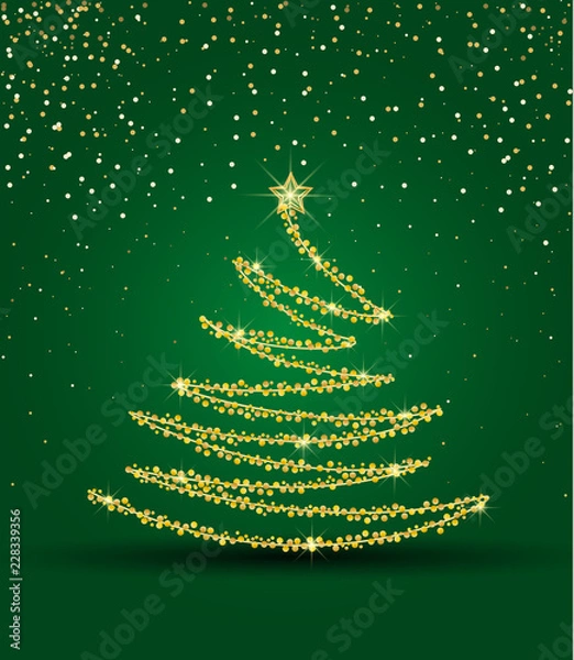 Obraz Vector illustration abstract golden christmas tree on green background. Golden light decoration. Christmas tree as symbol