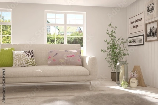 Fototapeta White room with sofa and green landscape in window. Scandinavian interior design. 3D illustration