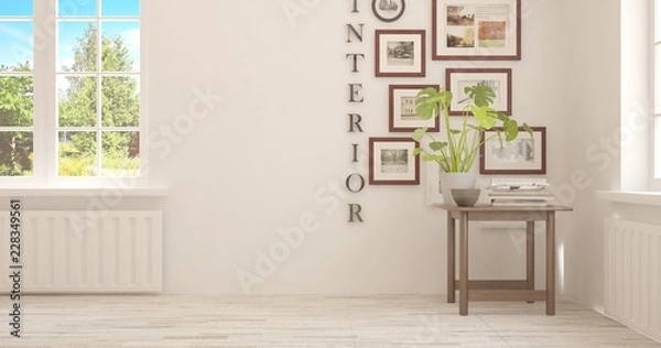 Fototapeta White empty room with summer landscape in window. Scandinavian interior design. 3D illustration