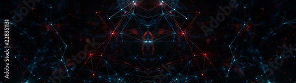 Fototapeta Abstract ultra wide plexus structure of many glowing lines and particles. Orange blurred background with digital composition and optical flares. 3d rendering